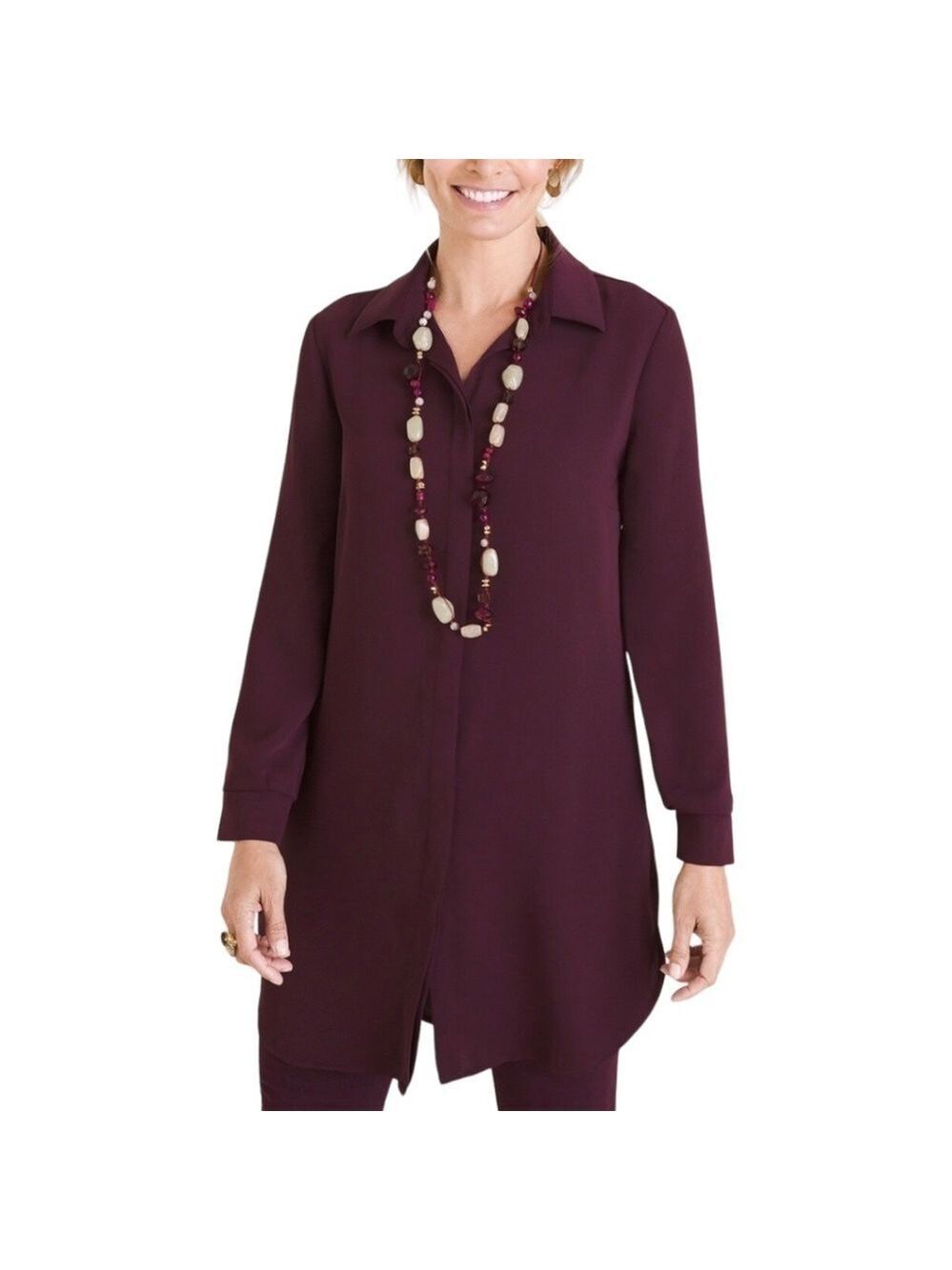 CHICO’S Long Sleeve Relaxed Fit Burgundy Tunic Blouse with Back Pleats US Sz S